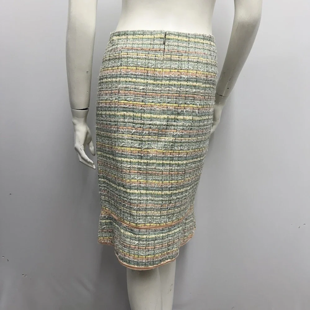 Chanel Pastel Multi Colored Silk Blend Tweed Skirt 05P Pink Trim Frayed Edges 44